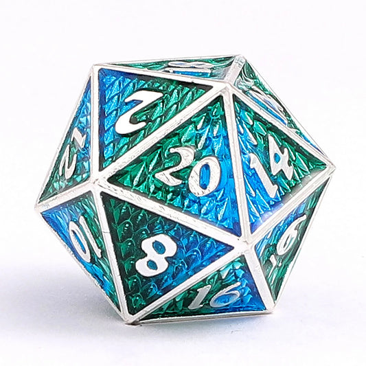 Small Behemoth Dice Set - Silver with Green & Blue, Solid Metal