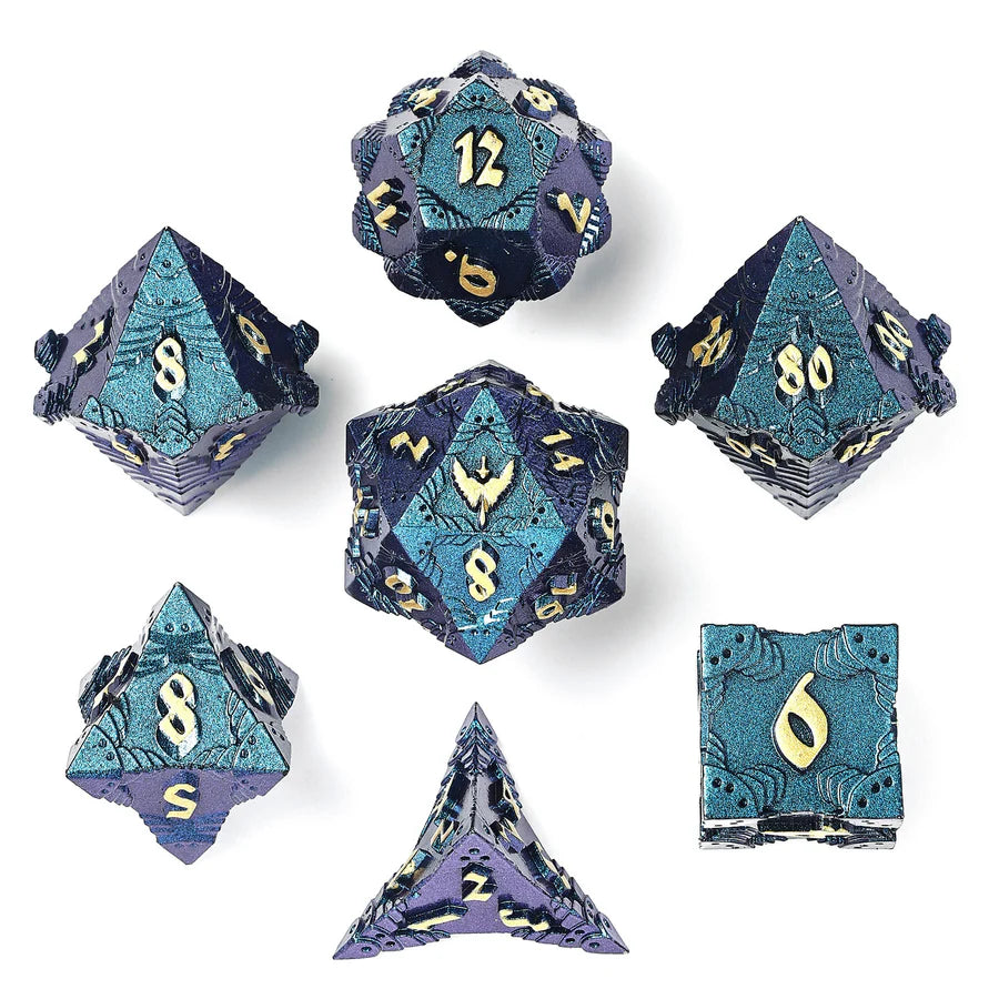 Hymgho Solid Metal Paladin Class RPG Dice Set - Glitter Blue w/ Gold