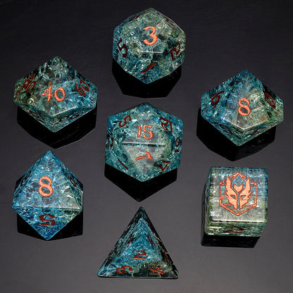 Dragon's Hoard Blasted Glass Gemstone Dice Set - Two Toned Blue & Green, with Deluxe Case