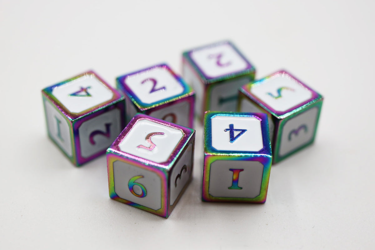 6 Piece Metal D6s - White and Burnt Opal
