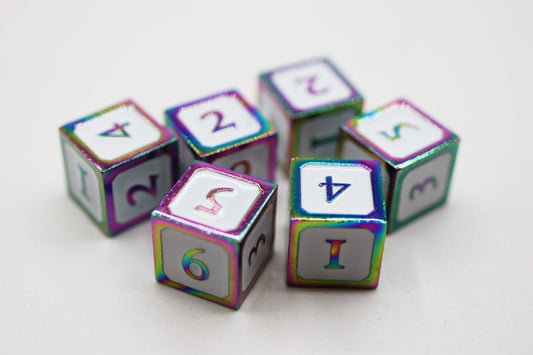 6 Piece Metal D6s - White and Burnt Opal