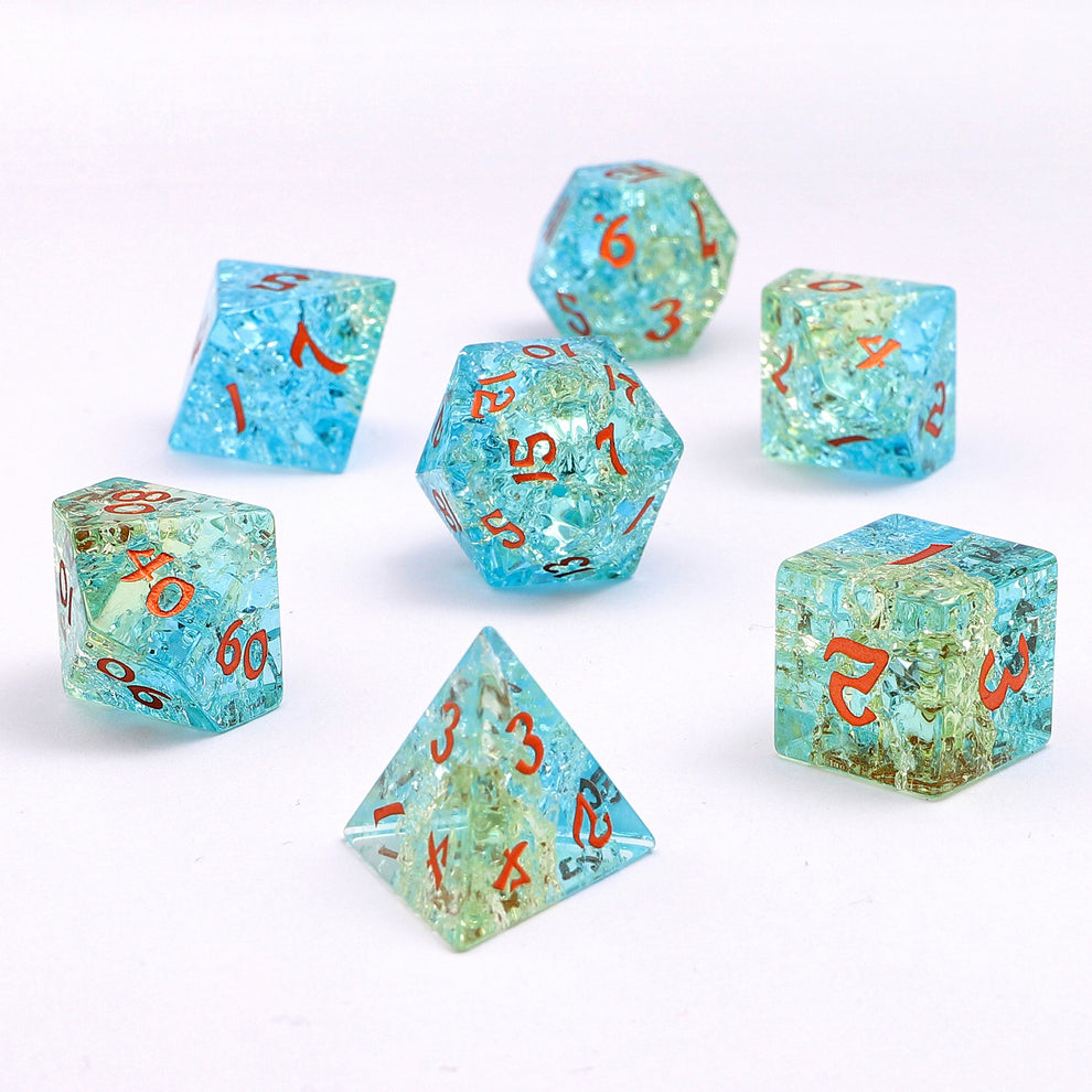 Dragon's Hoard Blasted Glass Gemstone Dice Set - Two Toned Blue & Green, with Deluxe Case