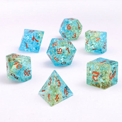 Dragon's Hoard Blasted Glass Gemstone Dice Set - Two Toned Blue & Green, with Deluxe Case