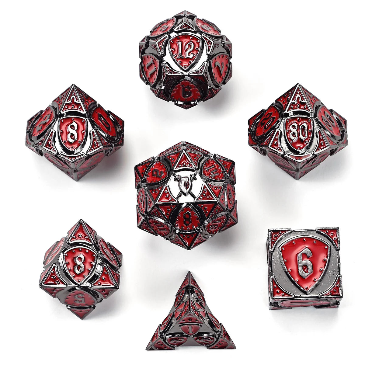 Solid metal Fighter RPG Dice Set: Gunmetal w/ Red